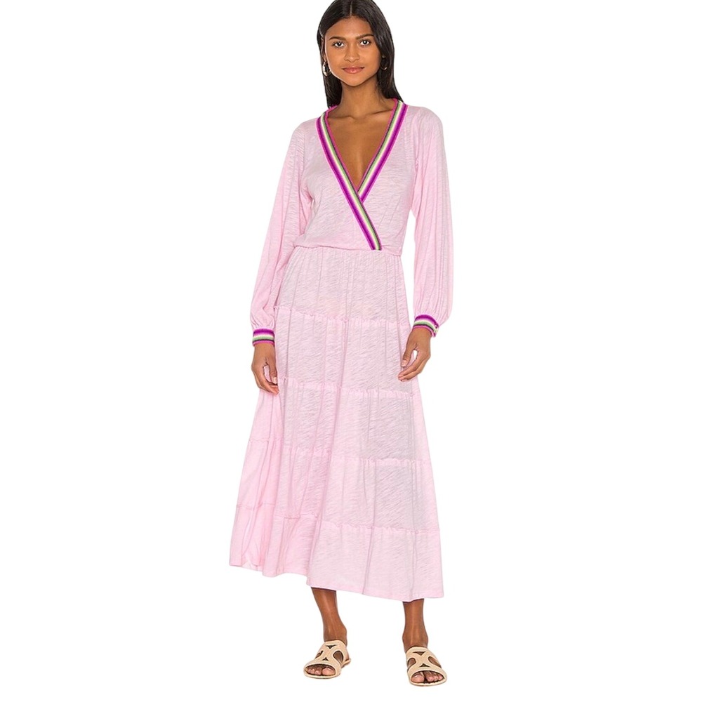 Pitusa Henrietta Tiered Maxi Dress in Light Pink Rainbow Trim V-Neck Standard
